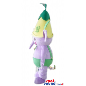 Purple elephant wearing a yellow and green hat and green