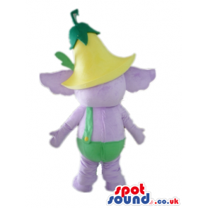 Purple elephant wearing a yellow and green hat and green