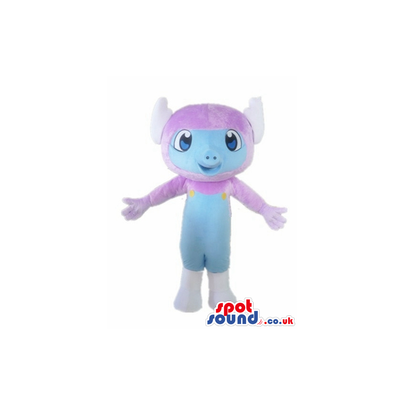 Purple elephant with light blue face, big eyes, white ears and