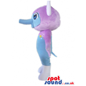 Purple elephant with light blue face, big eyes, white ears and