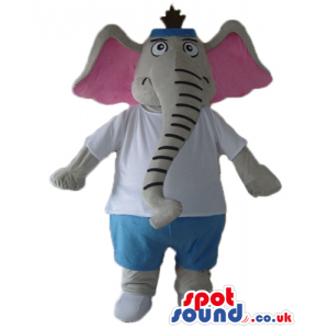 Grey elephant with big pink ears wearing a white t-shirt and