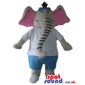 Grey elephant with big pink ears wearing a white t-shirt and