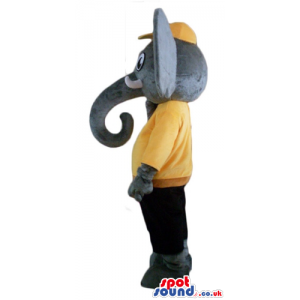 Grey elephant wearing a yellow cap, a yellow t-shirt and black