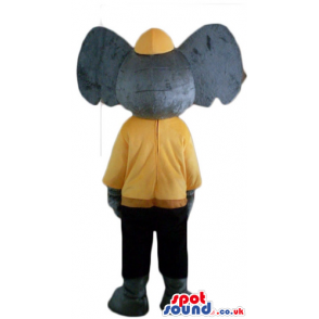 Grey elephant wearing a yellow cap, a yellow t-shirt and black