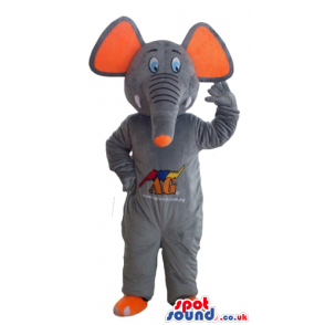 Grey elephant with orange ears and feet and picture on the