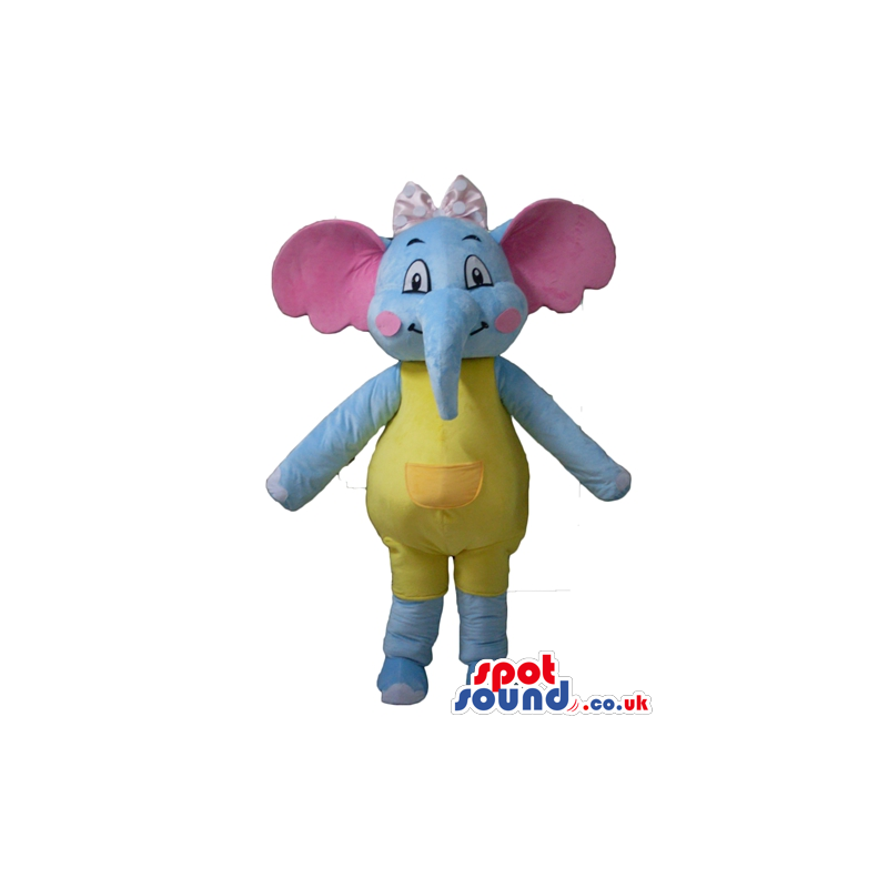 Light-blue elephant with pink ears wearing a pink bow and a