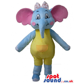 Light-blue elephant with pink ears wearing a pink bow and a