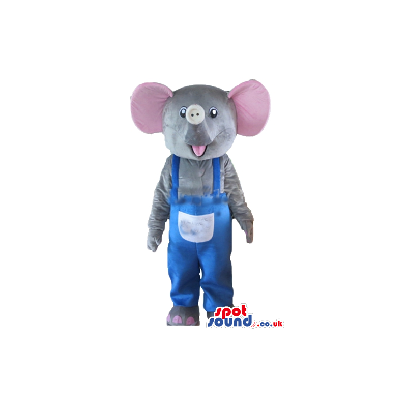 Grey elephant with pink ears in blue gardener trousers - Custom