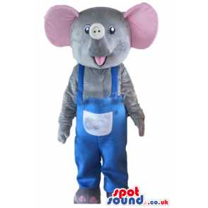 Grey elephant with pink ears in blue gardener trousers - Custom