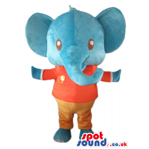 Blue elephant in a red and white t-shirt and brown trousers -