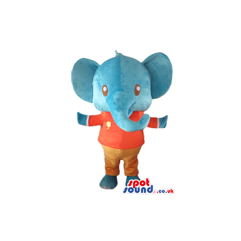 Blue elephant in a red and white t-shirt and brown trousers -