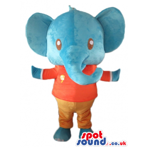 Blue elephant in a red and white t-shirt and brown trousers -