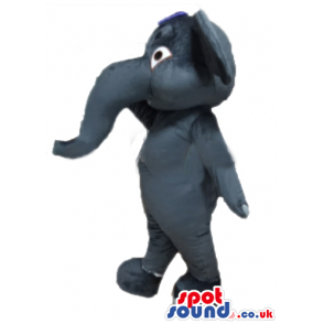 Mascot costume of a dark grey elephant with blue hair - Custom
