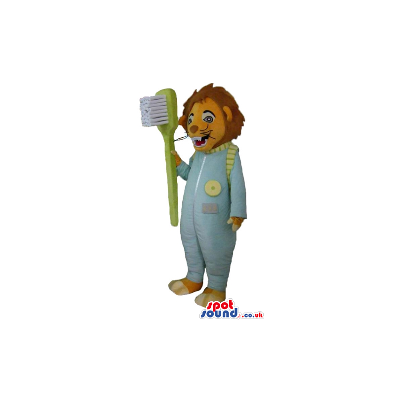 Lion in light-blue pajamas holding a tooth brush - Custom