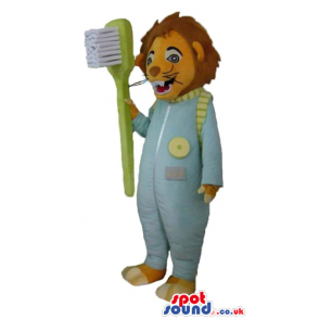 Lion in light-blue pajamas holding a tooth brush - Custom