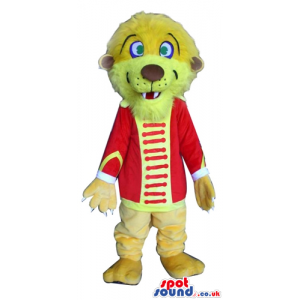 Mascot costume of a lion dressed in a red and yellow shirt -