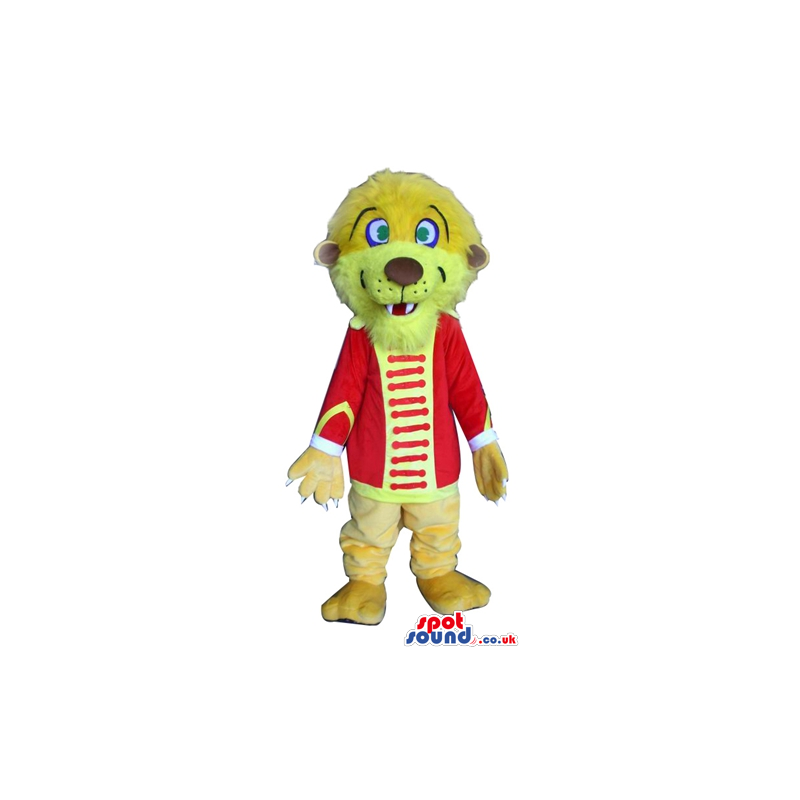 Mascot costume of a lion dressed in a red and yellow shirt -