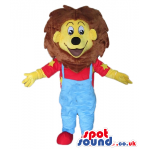 Lion with brown hair wearing a red t-shirt and blue gardener