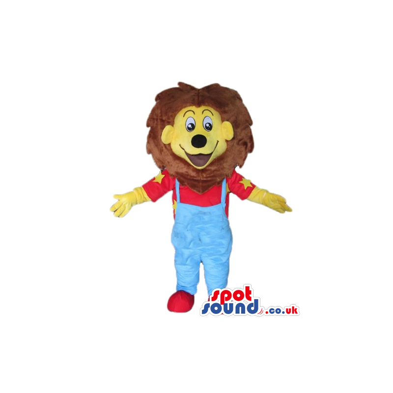 Lion with brown hair wearing a red t-shirt and blue gardener