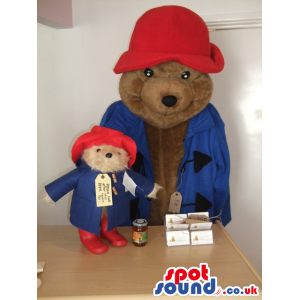 Brown bear mascot and teddy with red hat and blue jacket
