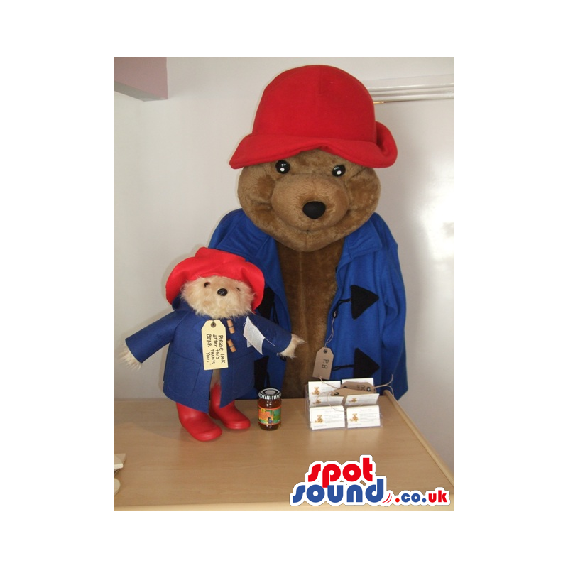 Brown bear mascot and teddy with red hat and blue jacket -