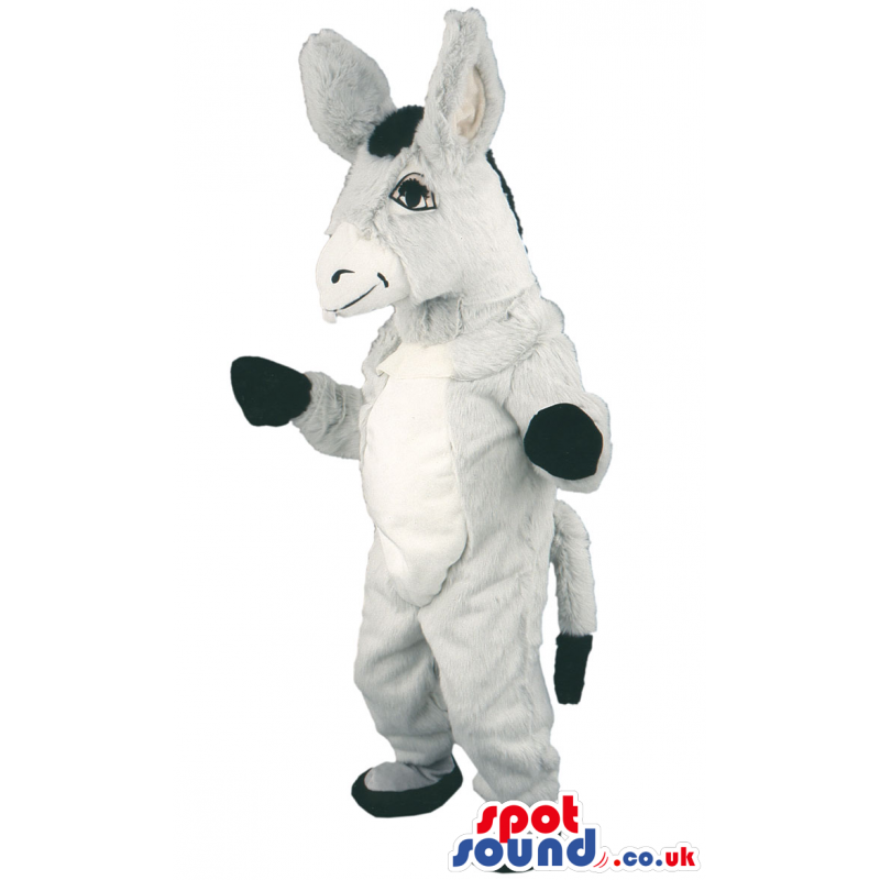 Grey donkey mascot with white underbelly and stunning smile -