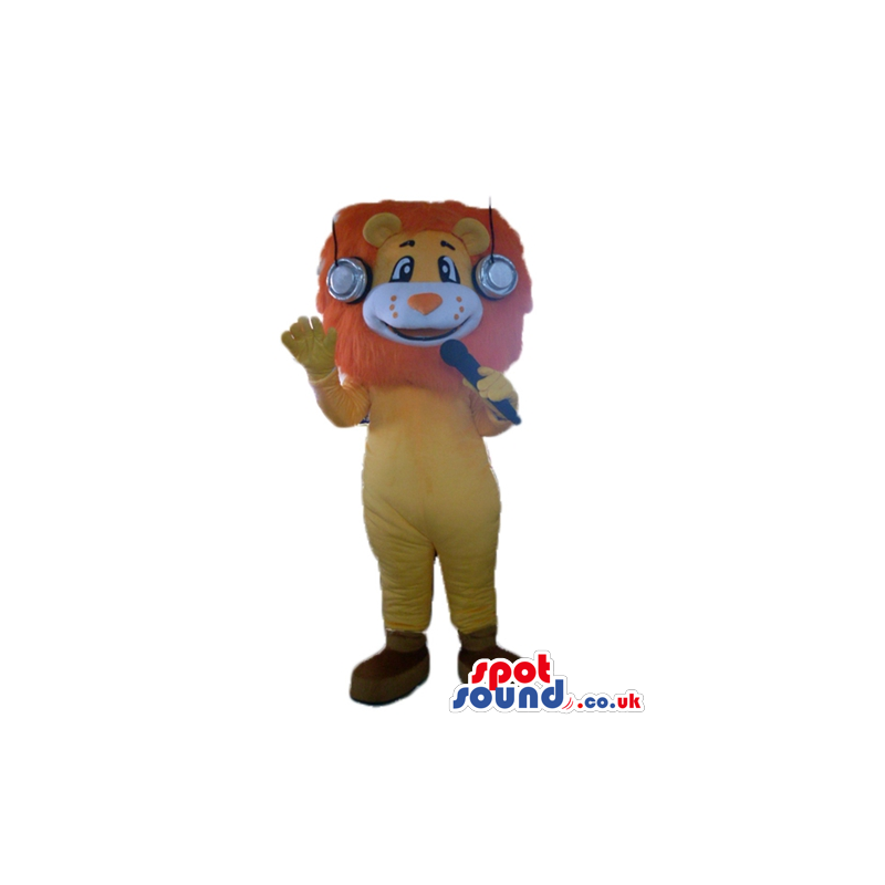 Brown lion with headphones holding a microphone - Custom Mascots