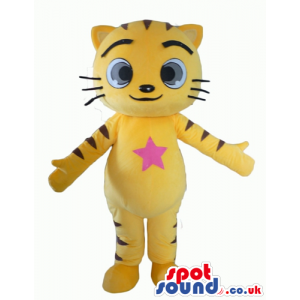 Yellow tiger with big black eyes and a pink star on the chest -