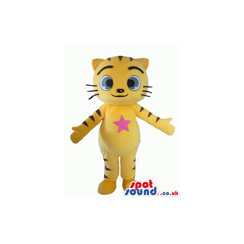 Yellow tiger with big black eyes and a pink star on the chest -