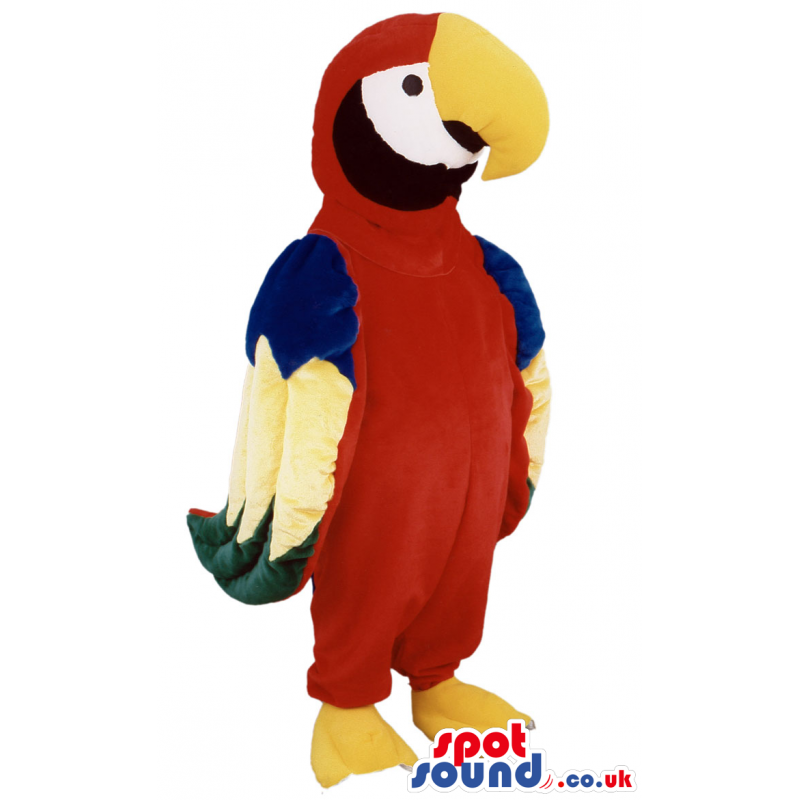 Parrot mascot with colourful wings, red body and yellow beak -