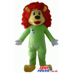 Yellow lion with red hair wearing a green suit - Custom Mascots