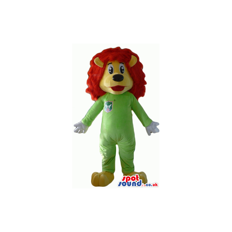 Yellow lion with red hair wearing a green suit - Custom Mascots