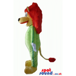 Yellow lion with red hair wearing a green suit - Custom Mascots