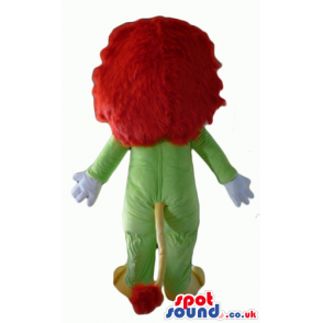 Yellow lion with red hair wearing a green suit - Custom Mascots