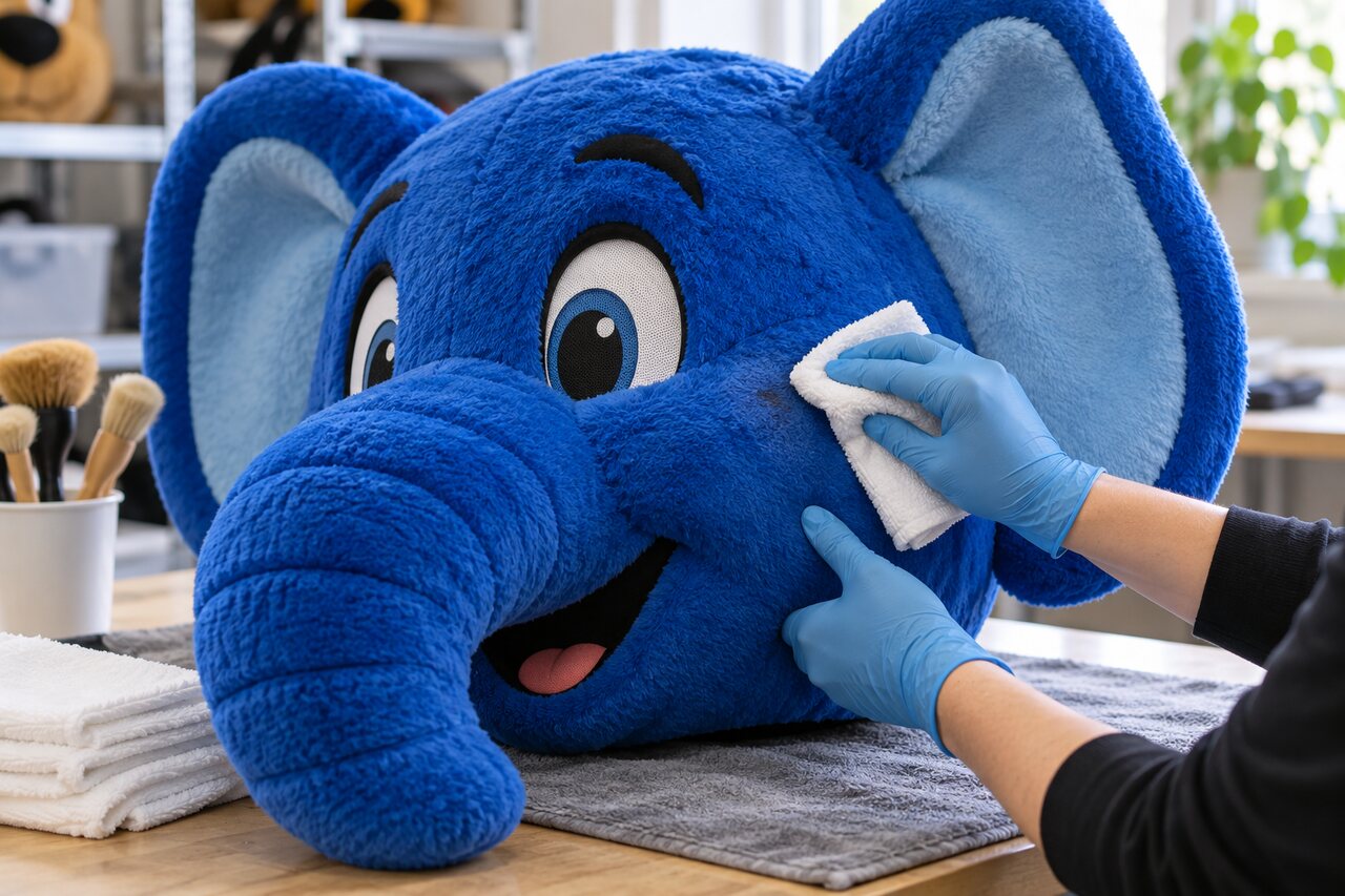 A mascot head being gently cleaned with a microfiber cloth — illustration