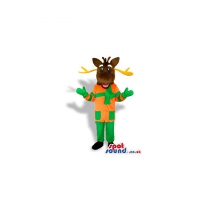 SPOTSOUND UK Mascot of the day : Dark Brown Reindeer Wearing Orange And Green Winter Garments. Discover our #spotsound #uk #mascots and all other Animal mascots of the foreston our webiste : https://bit.ly/3sKy4o2092. #mascot #costume #party #marketing ... https://www.spotsound.co.uk/animal-mascots-of-the-forest/4550-dark-brown-reindeer-wearing-orange-and-green-winter-garments.html