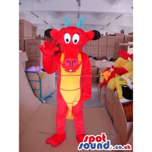 SPOTSOUND UK Mascot of the day : Red Dragon Mascot With Yellow Belly And Blue Horns. Discover our #spotsound #uk #mascots and all other Dragon mascoton our webiste : https://bit.ly/3sKy4o1318. #mascot #costume #party #marketing #events #mascots https://www.spotsound.co.uk/dragon-mascot/3668-red-dragon-mascot-with-yellow-belly-and-blue-horns.html
